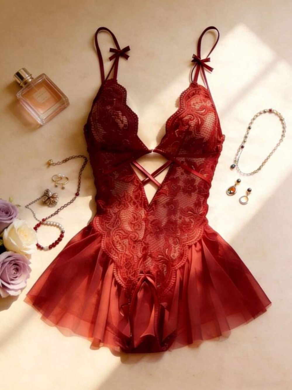 Women's Lace Mesh Babydoll Chemise in Burgundy